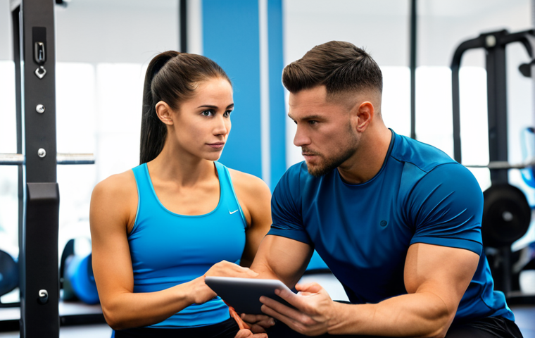 A professional male fitness trainer, fully clothed in modest athletic wear, sits across from a female client in a modern, clean gym setting. They are engaged in a serious discussion about fitness goals and health history, looking at data on a tablet. The background is softly blurred with gym equipment. The image emphasizes a professional consultation, appropriate attire, safe for work, perfect anatomy, correct proportions, natural pose, professional photography, high quality.